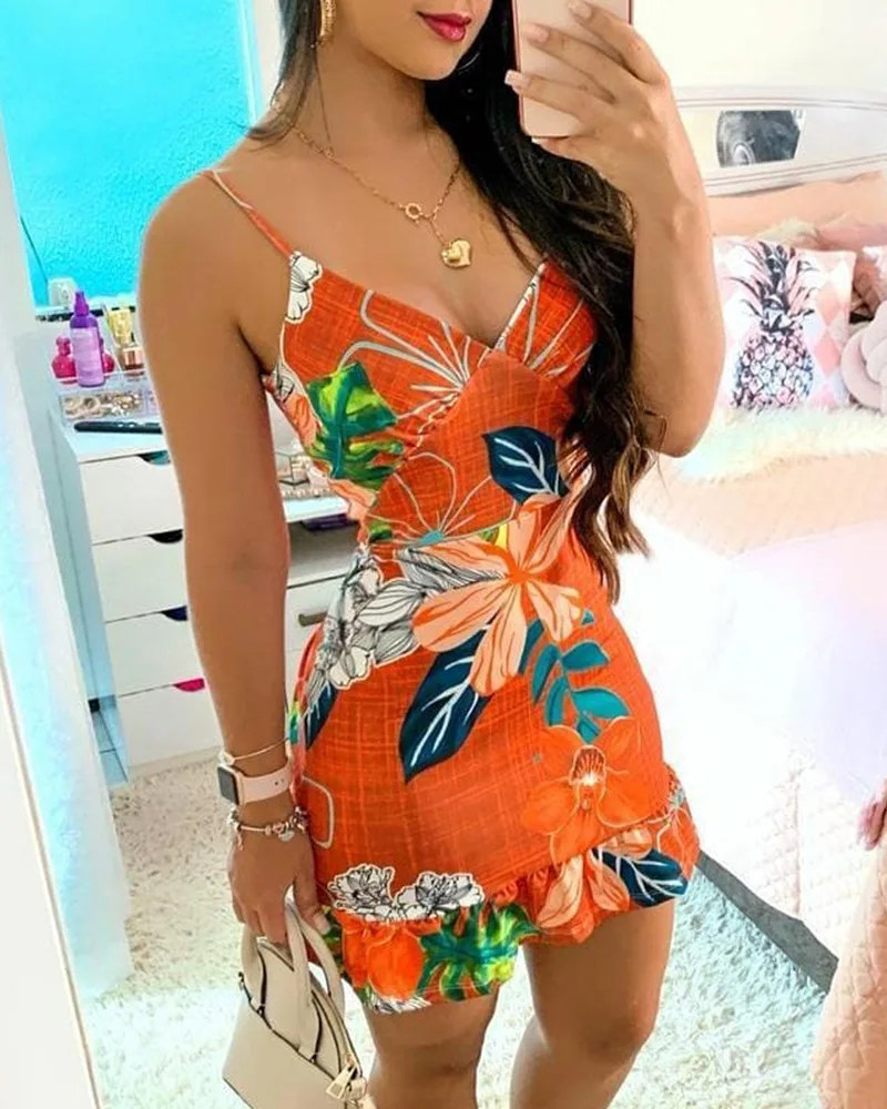 

Женское облегающее мини-платье с цветочным принтом, V-образным вырезом, высокой талией и оборками