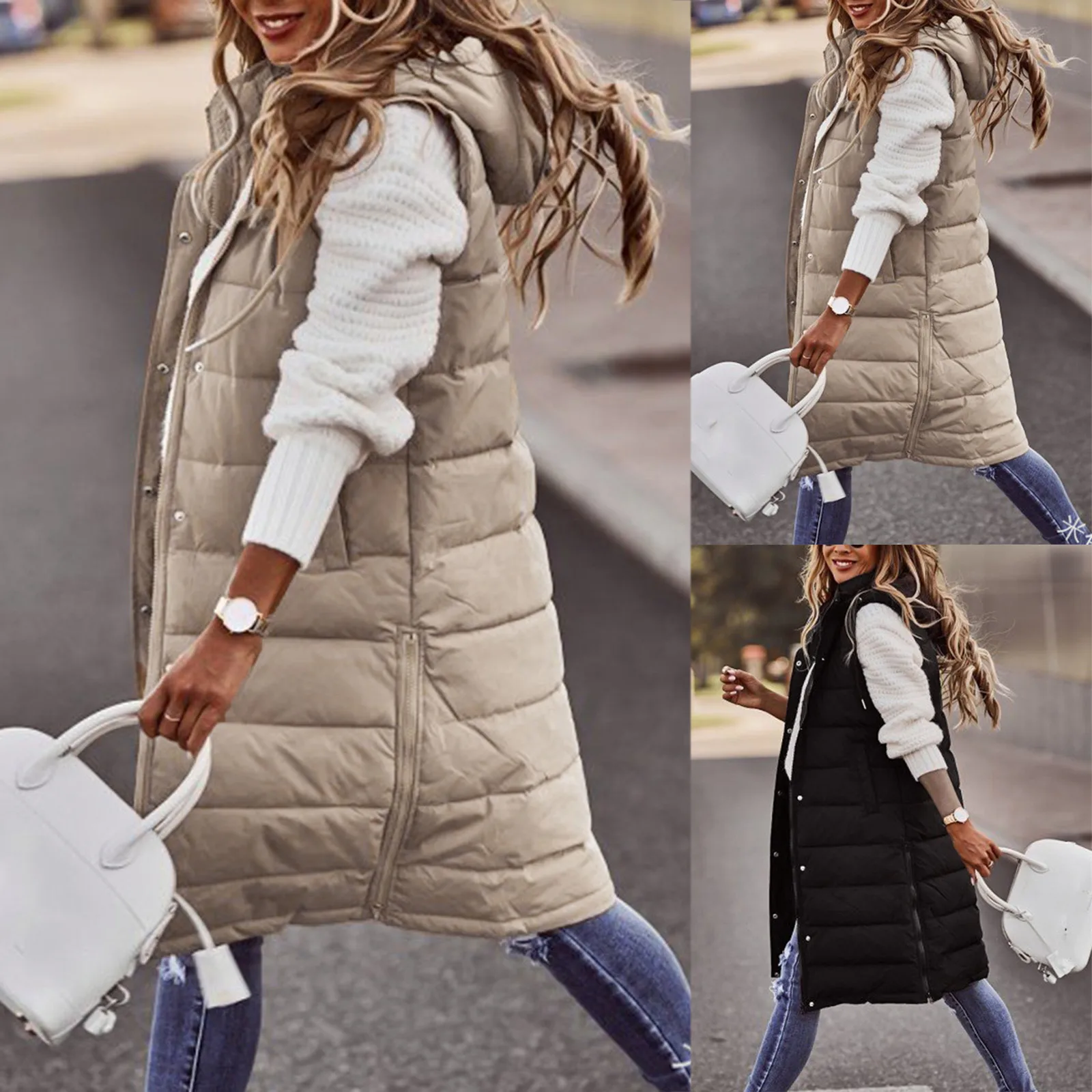 

Hooded Quilted Jacket Vest Cotton Long Warm Women Single Breasted Pocket Slim Fit Cardigan Coat Solid Color Casual Autumn Winter