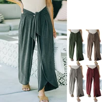 fashion knit solid pants women summer wide leg long trousers casual loose vintage elastic high waist lace up straight long pants