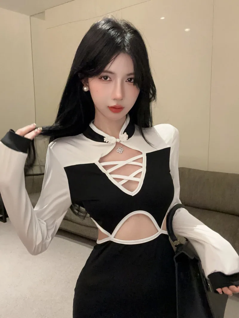 Версия дизайна корейское платье с воротником-стойкой и открытой спиной длинными