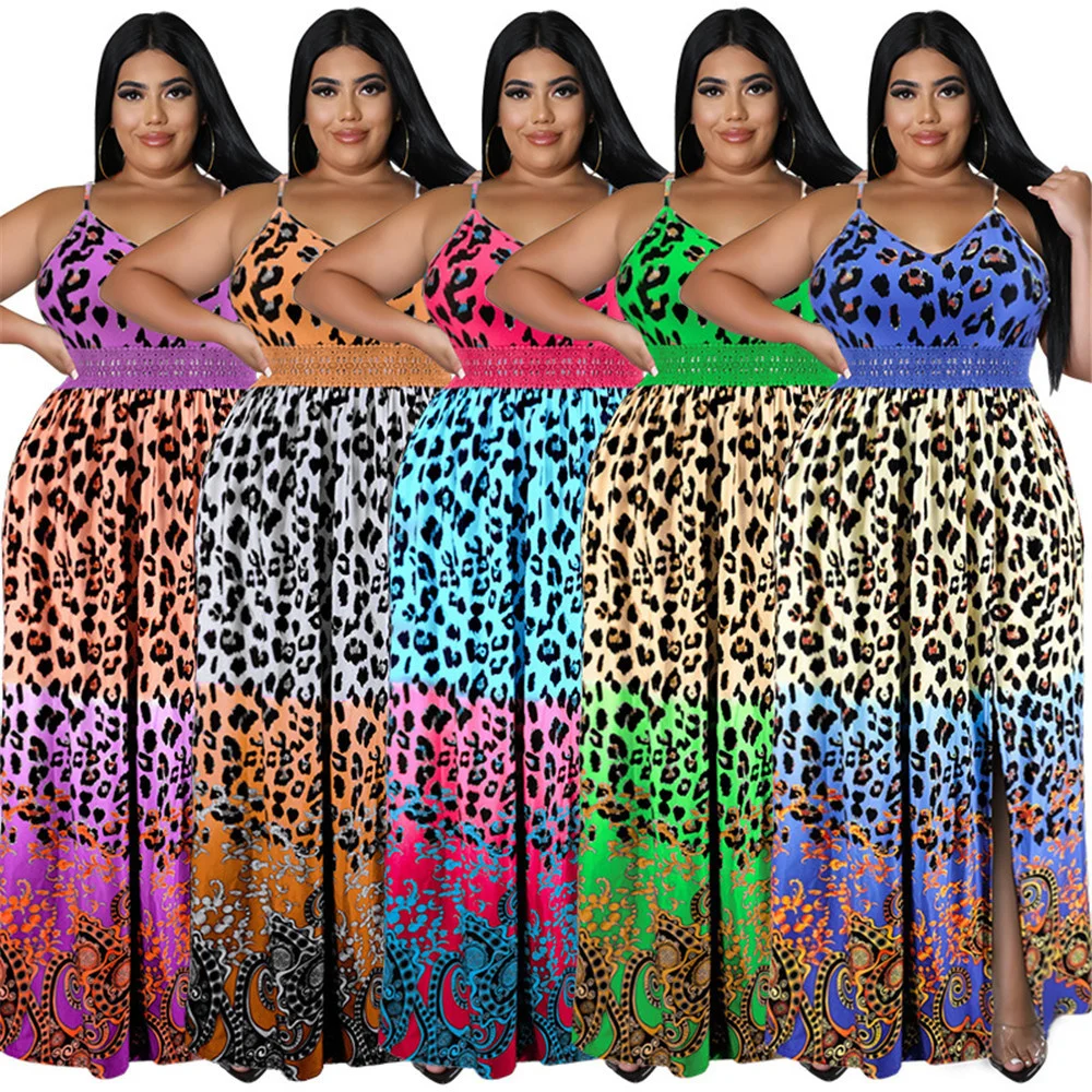 Plus Size Dresses Women Summer Holiday Slip Leopard Print Patchwork Elegant Party Sexy Maxi Dress Whol 3xl 4xl 5xl 6xl