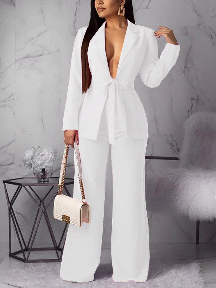 

Women White Blazer Sets Elegant Lace Up Jacket Tops Straight Pants Spring Summer Classy 2 Piece Outfits Business Party Outwear