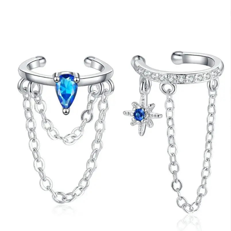 

925 Sterling Silver Asymmetric Double Chain Earring for Women Blue Water Drop Star CZ Ear Cuff Without Piercing Earring Jewelry
