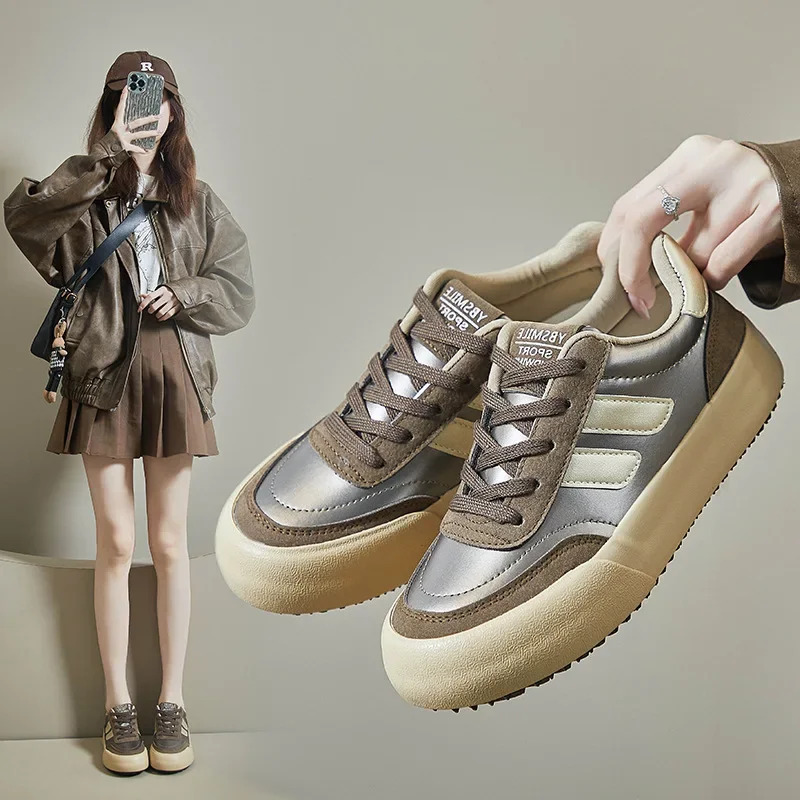 Женские кроссовки с круглым носком Вулканизированная подошва на шнуровке