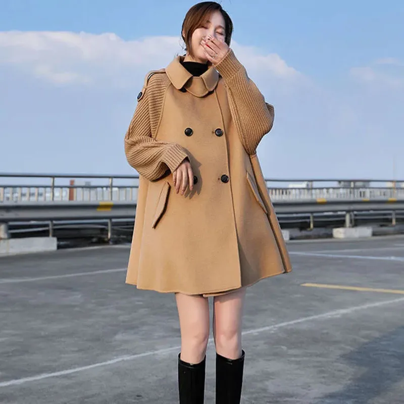 

Khaki Woolen Cashmere Blende Coat For Women Autumn Winter Harajuku Double Breasted Cloak Wool Jacket Female Clothing Ropa Mujer