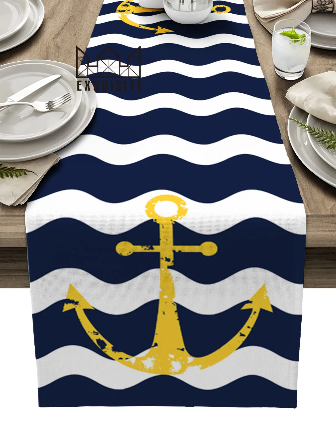 

Navy Blue Ripple Yellow Anchor Table Runner Wedding Party Dining Table Cover Cloth Placemat Napkin Home Kitchen Decoration