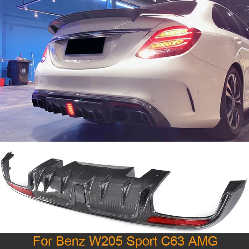 

Автомобильный диффузор для заднего бампера с лампой для Mercedes-Benz C Class W205 Sport C63 AMG 2015-2017, задний диффузор, спойлер из углеродного волокна