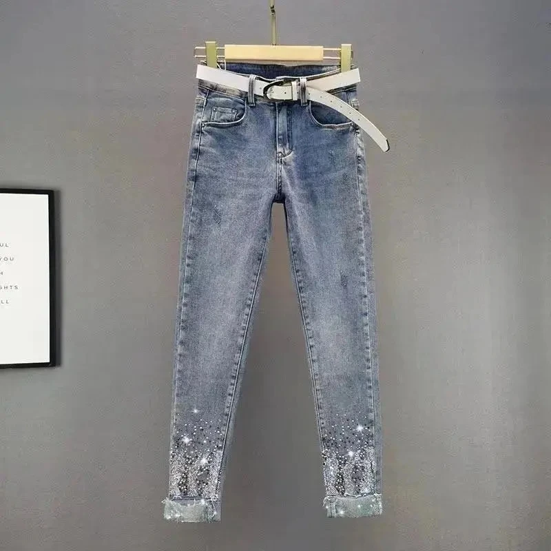 

Women's Korean Fashion Sequined Rhinestone Skinny Jeans 2022 Spring Summer New High Waist Slim Fit Denim Pencil Pants Pantalones