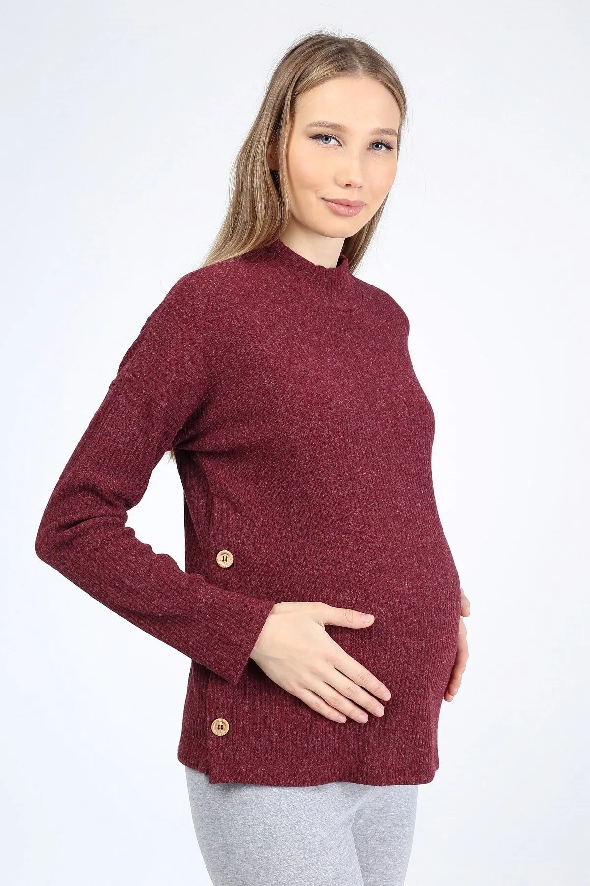 

Maternity Fashion Side Button Breastfeeding Maternity sportswear Blouse Claret Red