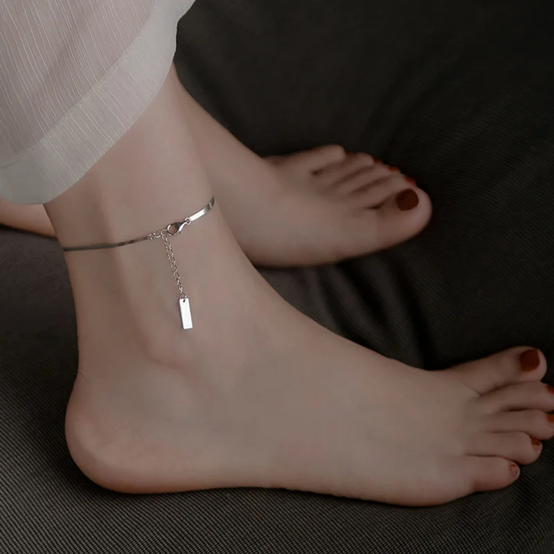 

Silver Color Female Snake Bone Anklet Summer Girls Simple Beach Chain Metal Alloy Leg Bracelet Thin Suqare Pendant Foot Chain Je