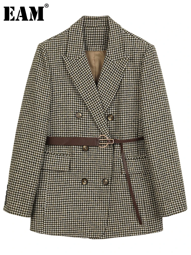 

[EAM] Loose Fit Brown Plaid Double Breasted Big Size Woolen Coat Parkas New Long Sleeve Women Fashion Autumn Winter 2022 1DC025