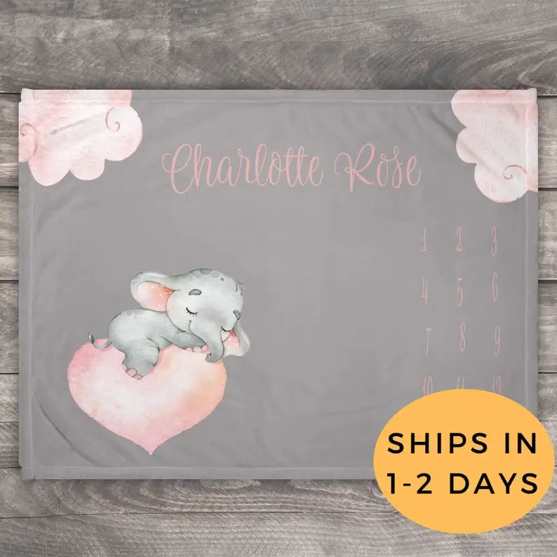 

Personalized Grey Baby Blanket With Elephant, Milestone Blanket, Month Baby Blanket, Baby Gift Growth Chart, Newborn Photo Prop,