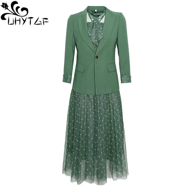 

UHYTGF Fashion Women Blazer Coat 2022 New Stitching Floral Gauze Dress Spring Two-Piece Suit Elegant Female Clothes Set Skirt 24