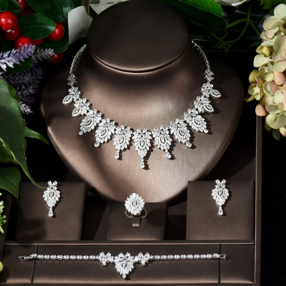 Fashion Bridal Jewelry Necklace Earring Simple Design White Color Water Drop Cubic Zircon Jewelry Set Wedding Accessories N-337