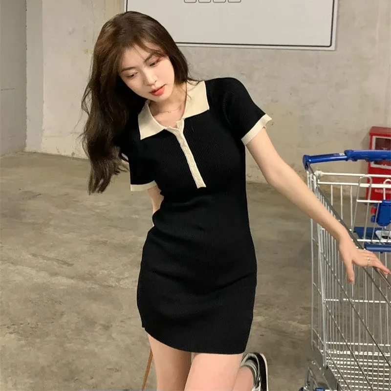 

Polo Dresses For Women 2022 Summer New Contrast Color One Pieces Korea Single Breasted Tight Dress Short Sleeve Black Mini Skirt