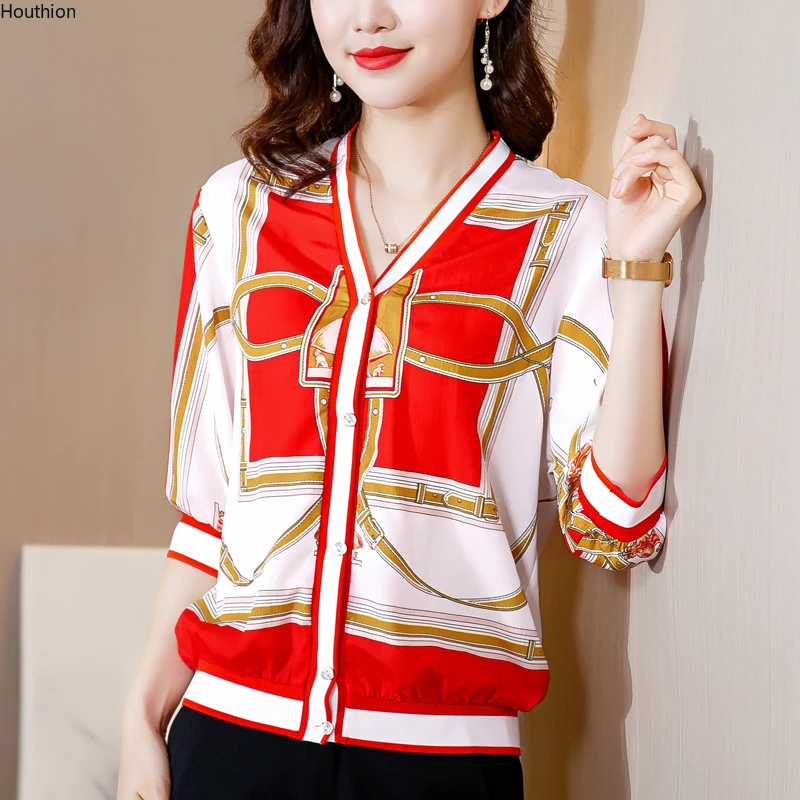 

Women's Blouse Casual Summer Shirt Fashion Top V-neck Chiffon Printing New Long Sleeve Clothing Lady Loose Houthion