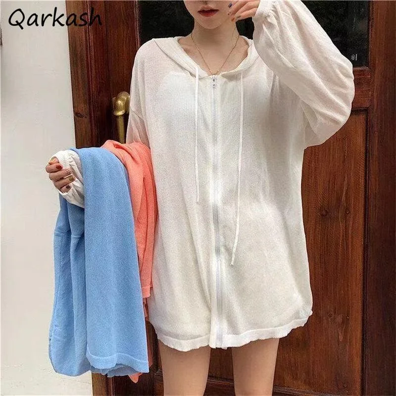 

Basic Jackets Women M-4XL Thin Breathable Chic Summer Sun-proof Sheer Loose Casual Hooded Ulzzang Zipper Fashion Solid Outerwear