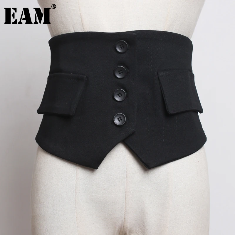 [EAM] Black Button Irregular Hem Denim Wide  Belt Personality Women New Fashion Tide All-match Spring Autumn 2023 1DF2110