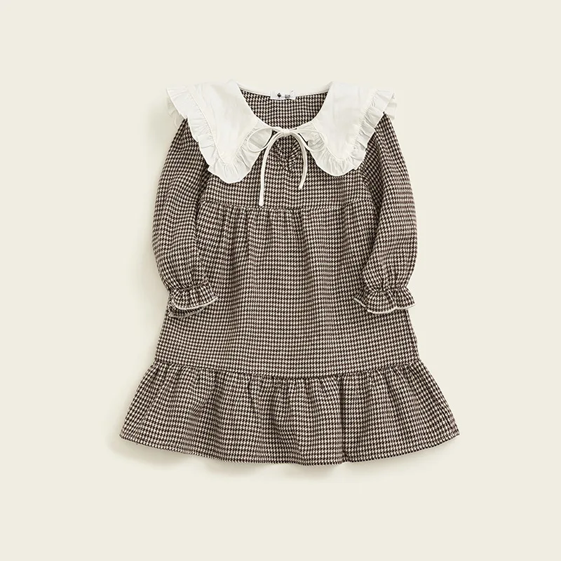 Повседневные платья для девочек платье в клетку с отворотами и принтом детская
