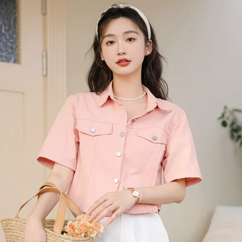 Лето 2023 розовая джинсовая куртка-рубашка в корейском стиле женский свободный
