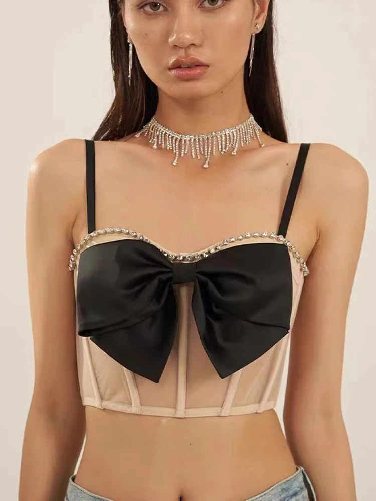 

Sexy Mesh Bow Tie Corset Beaded Rhinestones Women's Corset Crop Top Bra Hollow Out Breathable Shaper Underbust Bustier Camisole