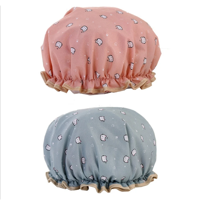 

Shower Cap Hat Double-Layer Household Bathroom Accessories Elastic Reusable Bathroom Adult Cute Cat Printed Cartoon