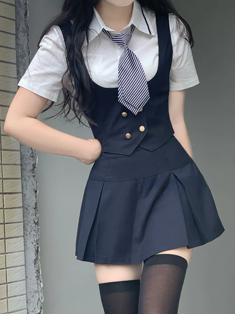 HOUZHOU Preppy Style Summer Sets Womens Outfits Korean Short Sleeve Shirt Vest Sexy Pleated Mini Skirt School Uniform Skirt Sets