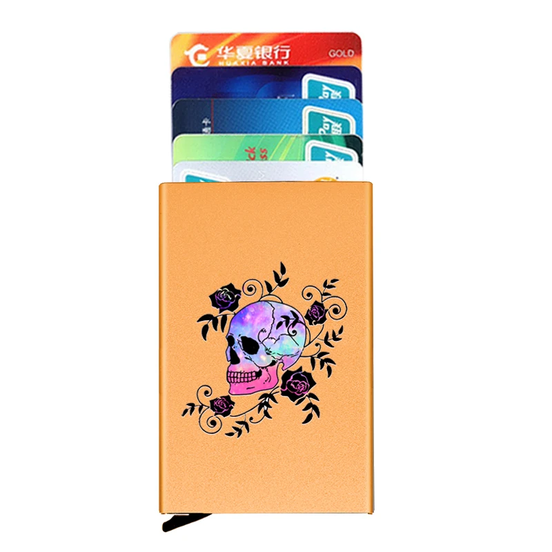

Anti-theft ID Credit Card Holder Thin Aluminium Metal Wallets Fashion Rose Vine Skull Printing Pocket Case Bank Card Box