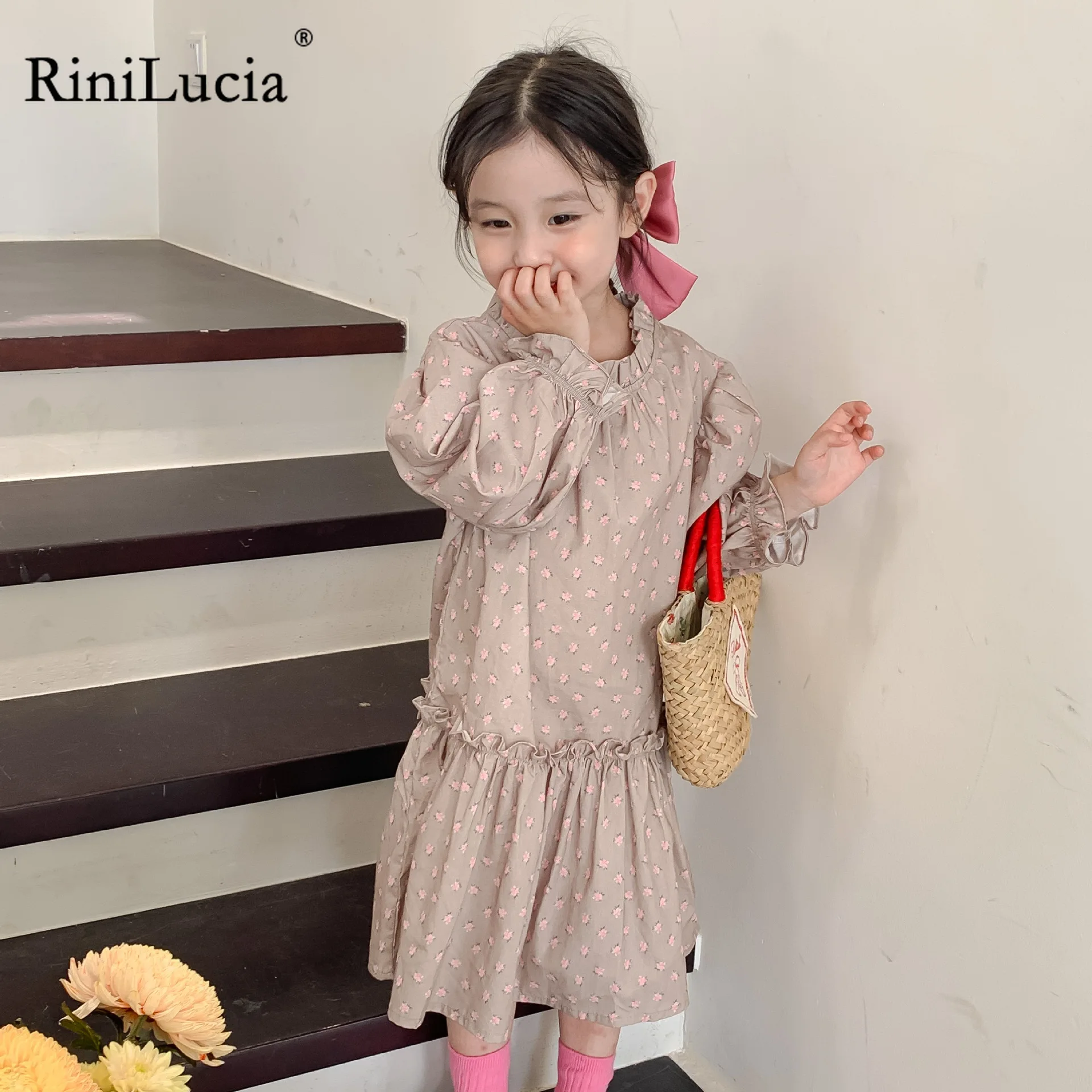 

RiniLucia 2022 Autumn Toddler Girls Dress Cotton Full Sleeve Children Dress Ruffles Kids Dresses for Girls Floral Girls Clothing