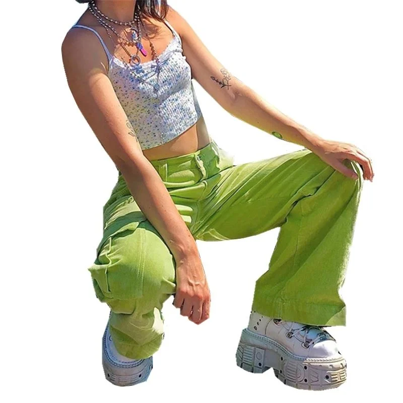 Women Corduroy Green Straight Pants High Waist Pockets Baggy Wide Leg Trousers Harajuku Vintage Casual Street Sport Sweatpants