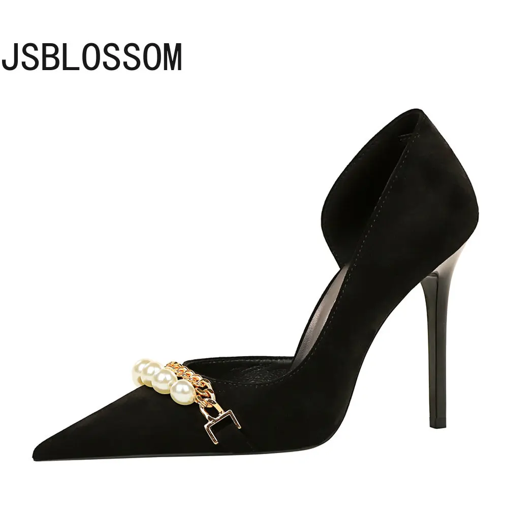 

2023 Spring Women Pumps Pearl Metal Chain High-heels Checked Grain Stilettos Women Heels Luxury Banquet Shoes