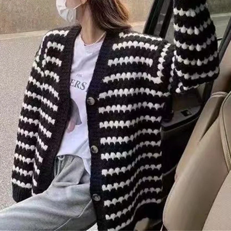 

Autumn Soft Striped Sweater Cardigan Women Coat New Loose Sweater Women Fashion Wool Chompas Para Mujer Vintage Clothes
