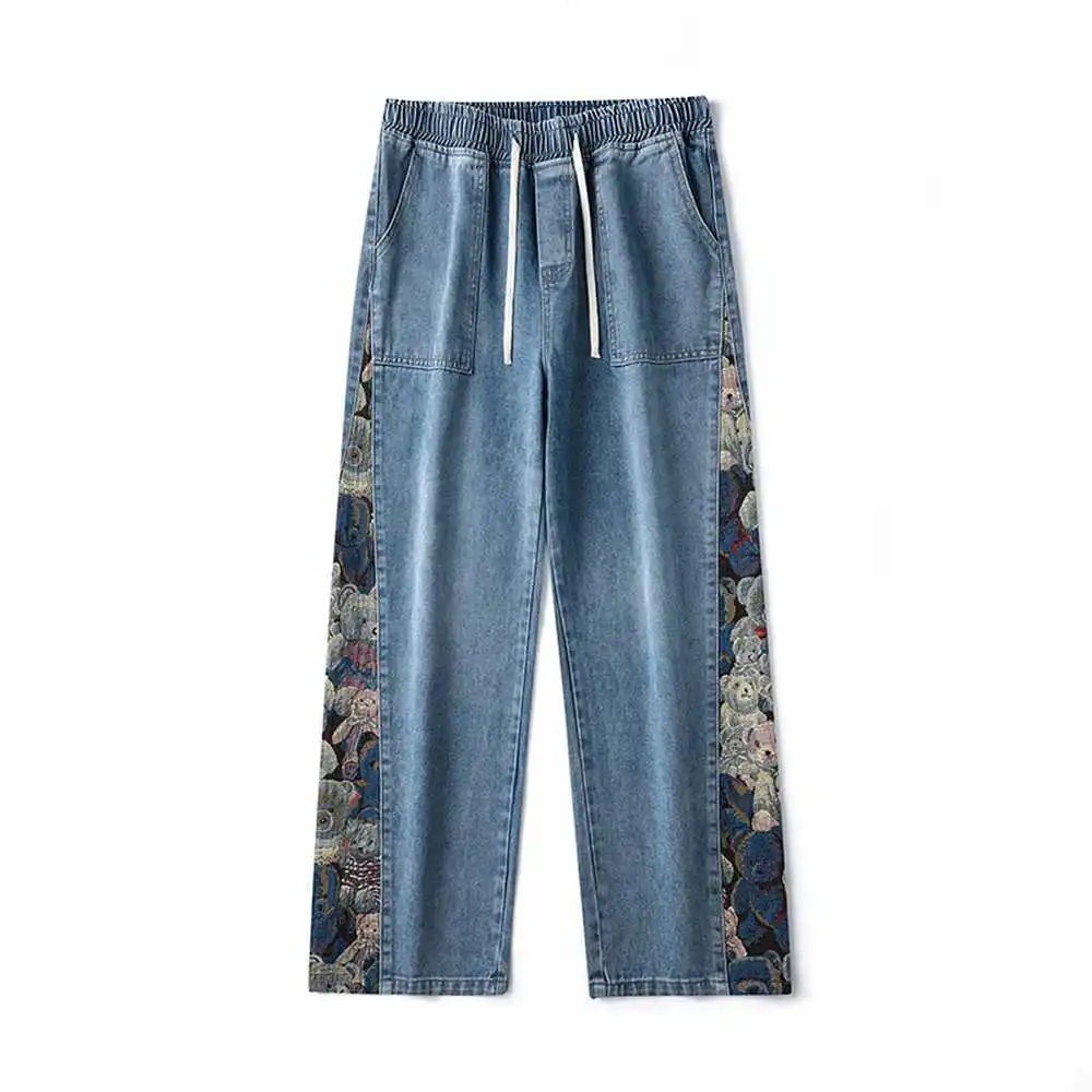 Embroidery Spliced Straight Men Baggy Jeans Loose Denim Cargo Pants Autumn Streetwear Drawstring Vaqueros Pantalones Trousers