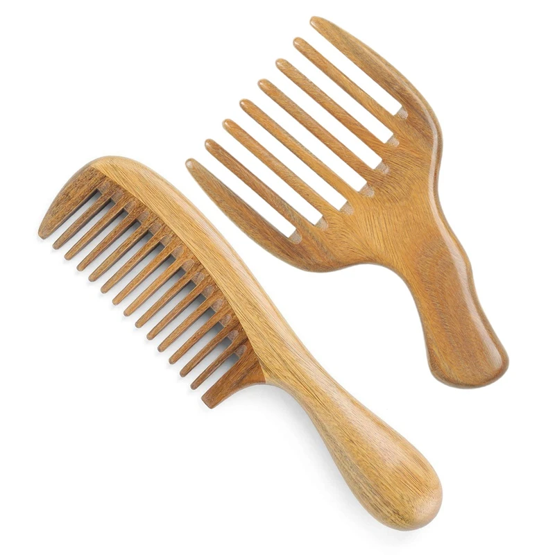 

2 Pcs Handmade Natural Green Sandalwood Hair Combs Anti-Static Sandalwood Scent Hair Comb 18X4.5Cm & 13X7.7Cm