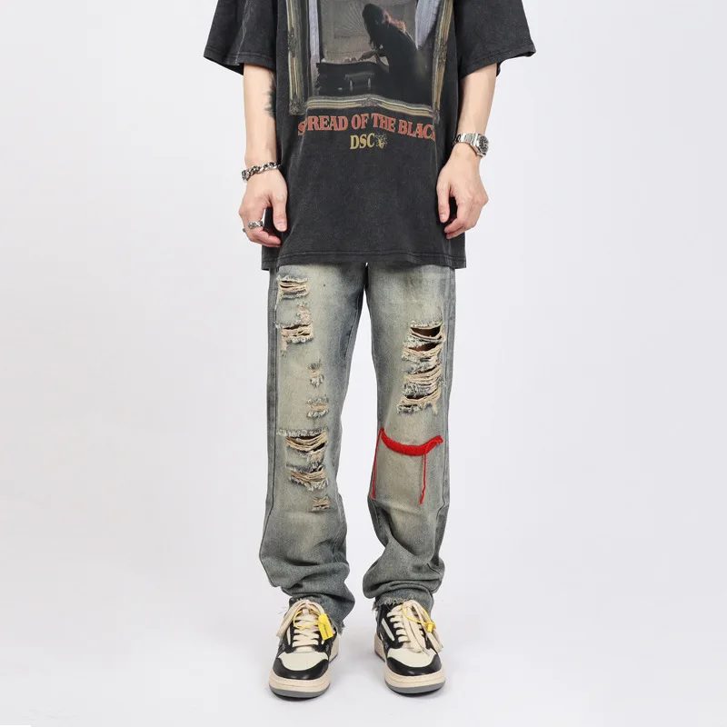 High Street Washing Vintage Streetwear Yellowing Beggars Holes Jeans Straight Fashion Men's and Women's Denim Pants