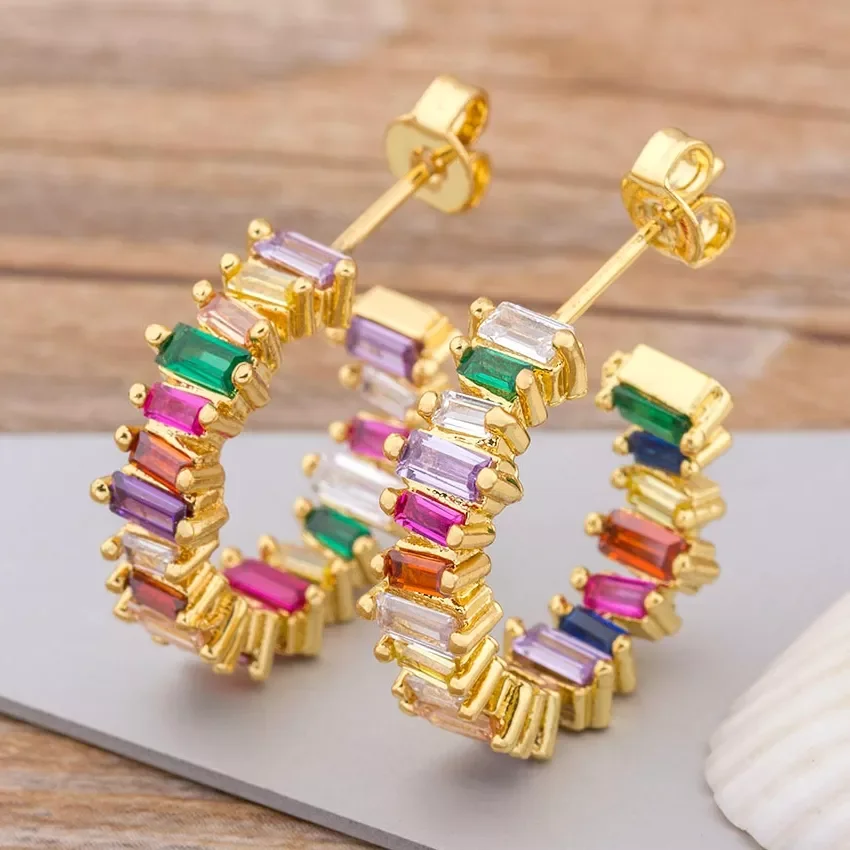 

Female Crystal Zircon Stone Earrings Fashion Copper CZ Gold Rainbow Jewelry Romantic Boho Stud Earrings For Women Girls