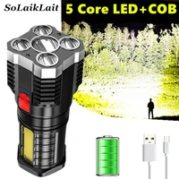 powerful 5 core ledcob tactical flashlight usb rechargeable with built in 18650 battery strong flash torch light for camping