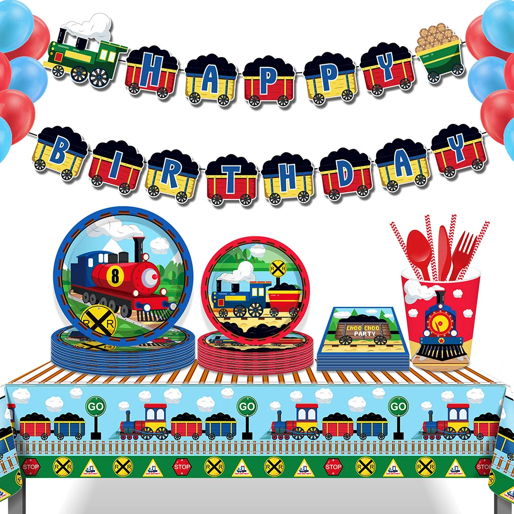 

Kids Cartoon Train Choo Choo Car Racing Birthday Party Disposable Tableware Sets Plates Cup Tablecloths Banner Baby Shower Party