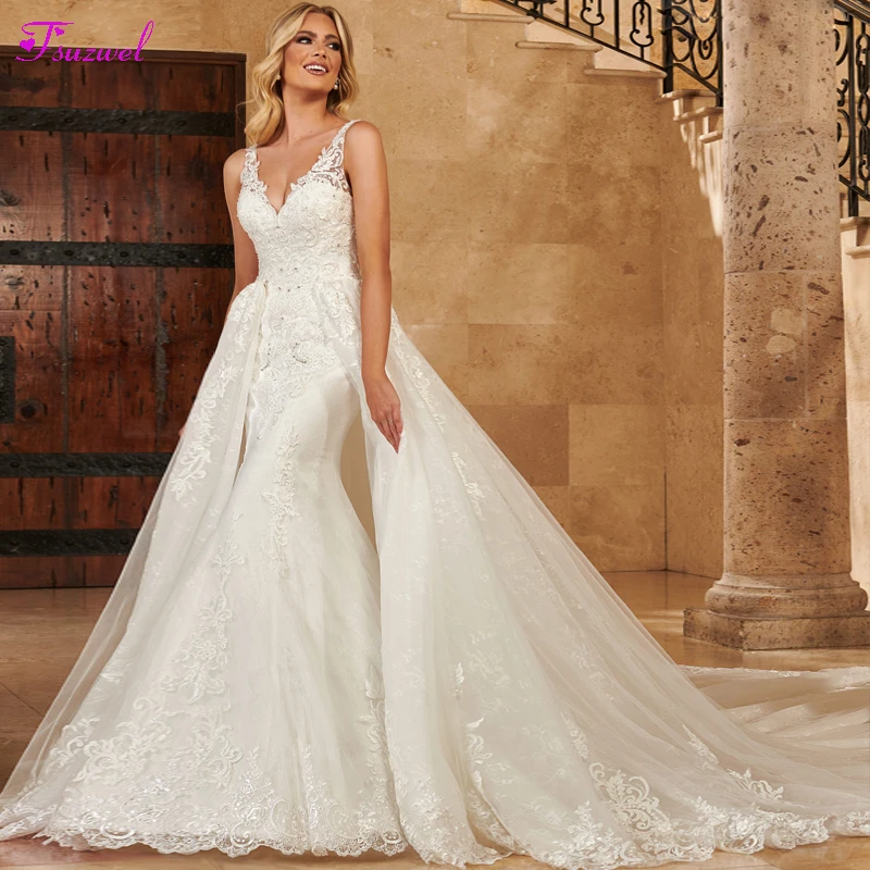 

Fsuzwel Gorgeous Appliques Lace Detachable Train Mermaid Wedding Dress 2023 Luxury Beading V-Neck Backless Trumpet Bridal Gown