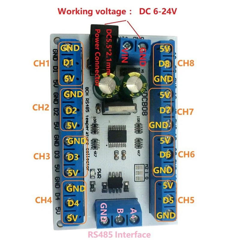 ELETECHSUP 8Ch Ds18b20 Rs485 Modbus Rtu Датчик контроля температуры дистанционный цифровой модуль