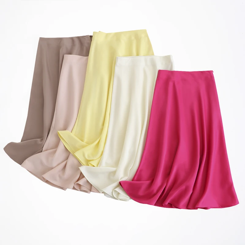 Tangada 2022 women solid quality green satin midi skirt vintage side zipper office ladies elegant chic A-line skirts 6D18-1