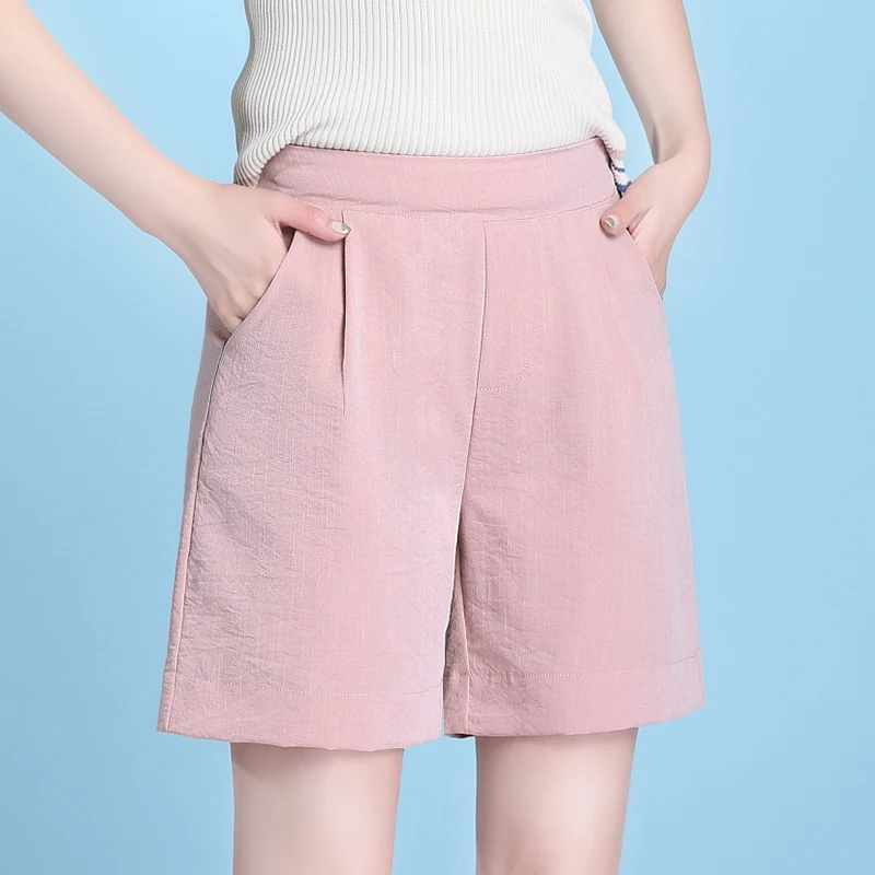

2022 Summer Ice Silk Cotton Linen Shorts For Women Loose Elastic Waist Thin Casual Short Pants Sport Female Pockets 903