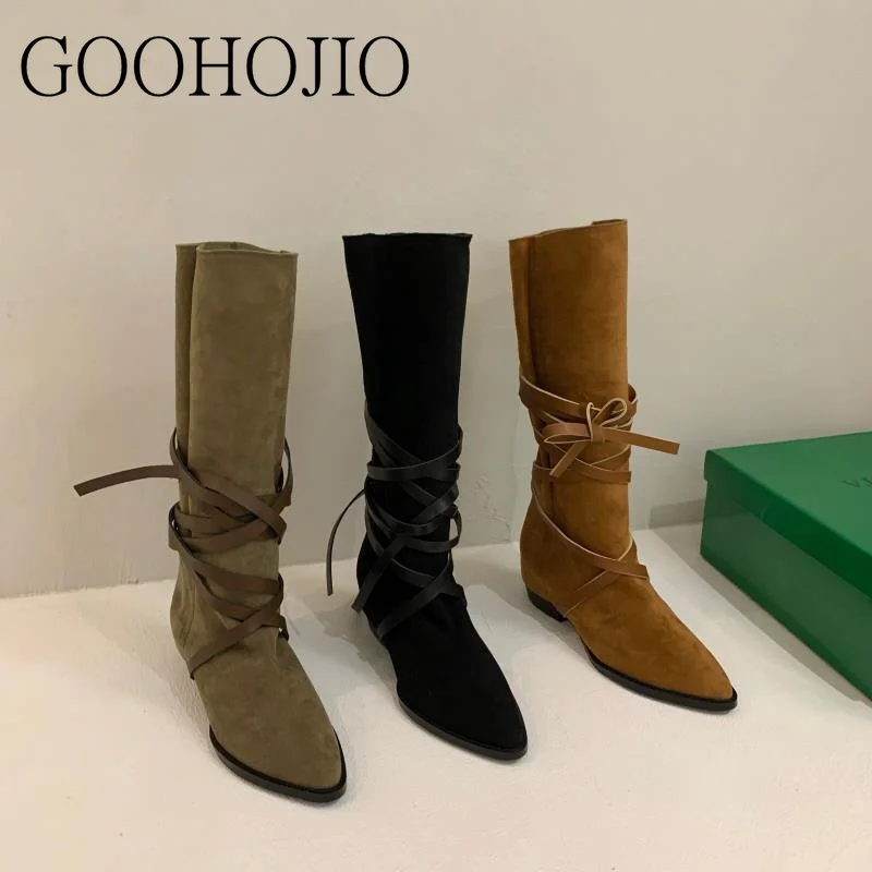 Новые модные женские повседневные сапоги замшевые уличные до середины икры