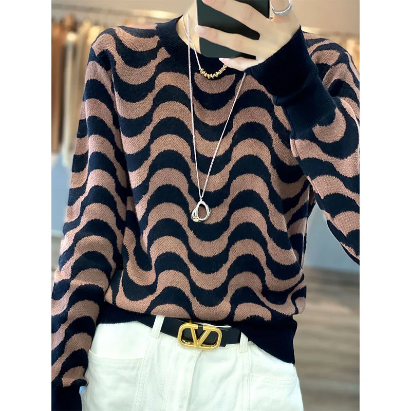

Xiaoxiang Wind Ripple Sweater Waist Wavy Jacquard Long Sleeve Wool Sweater Spring And Autumn New Women's Top Knitted Sweater