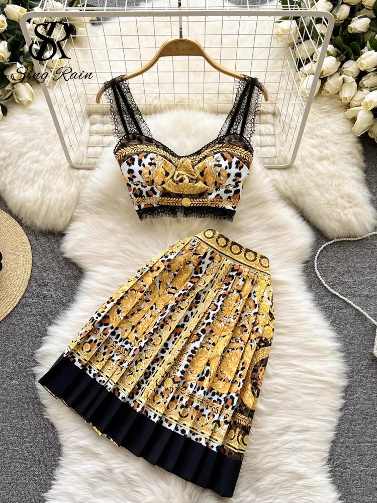 

SINGRAIN Модный женский пляжный комплект для отпуска Лето 2022 Y2K кружевные сексуальные элегантные плиссированные узкие комплекты из двух предме...