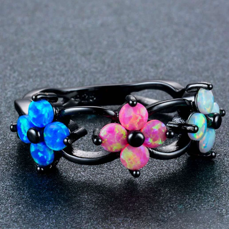 

Milangirl 3 Colors 4 Pentals Flower Shaped Fire Opal Ring Hollow Black Color Branch Ring for Women Wedding Engagement Jewelry