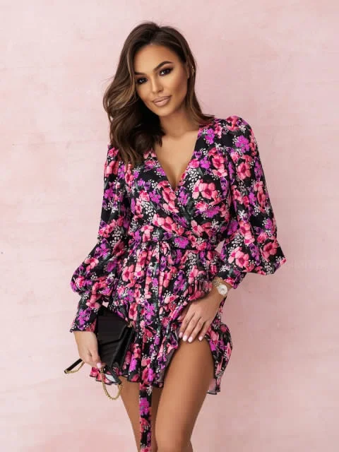 

Vintage floral print wrap dress 2023 spring women long sleeve v-neck waist lace-up hem ruffle A-line casual mini dress