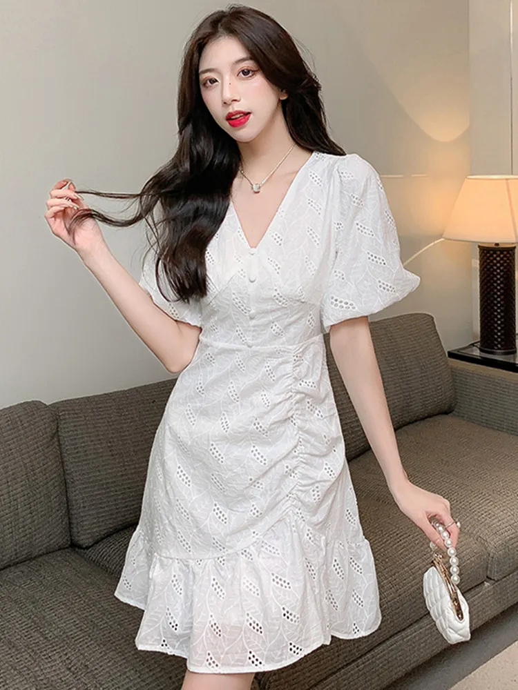 

New Summer V-Neck Irregular Mini Dress Robe Women Chic Office Evening Party Dresses Lady Short Sleeve Hollow Out Mermaid Vestido