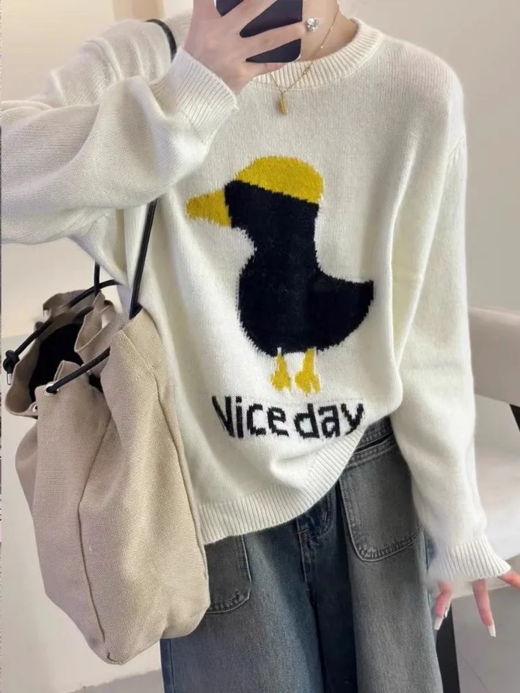 Ezgaga вязаный свитер пуловер женский с рисунком утки буквенным принтом и круглым