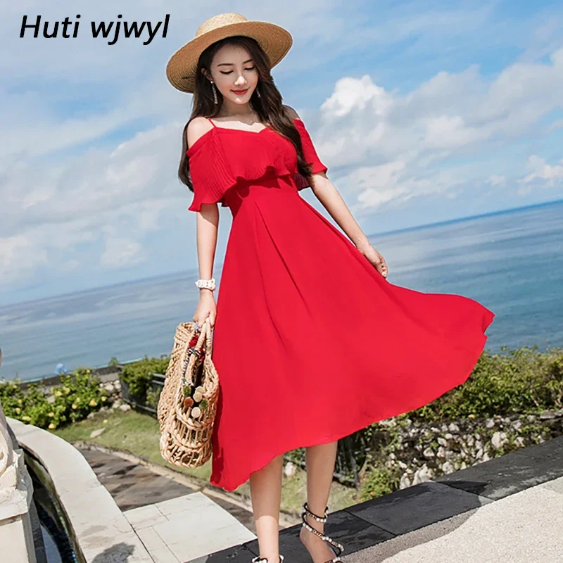 Женские платья большого размера лето красный шифон Boho Midi 2019 элегантный женский